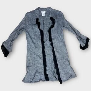 Soft Surroundings Linen Blend Women's Gray and Black Ruffle Trim Open Cardigan M